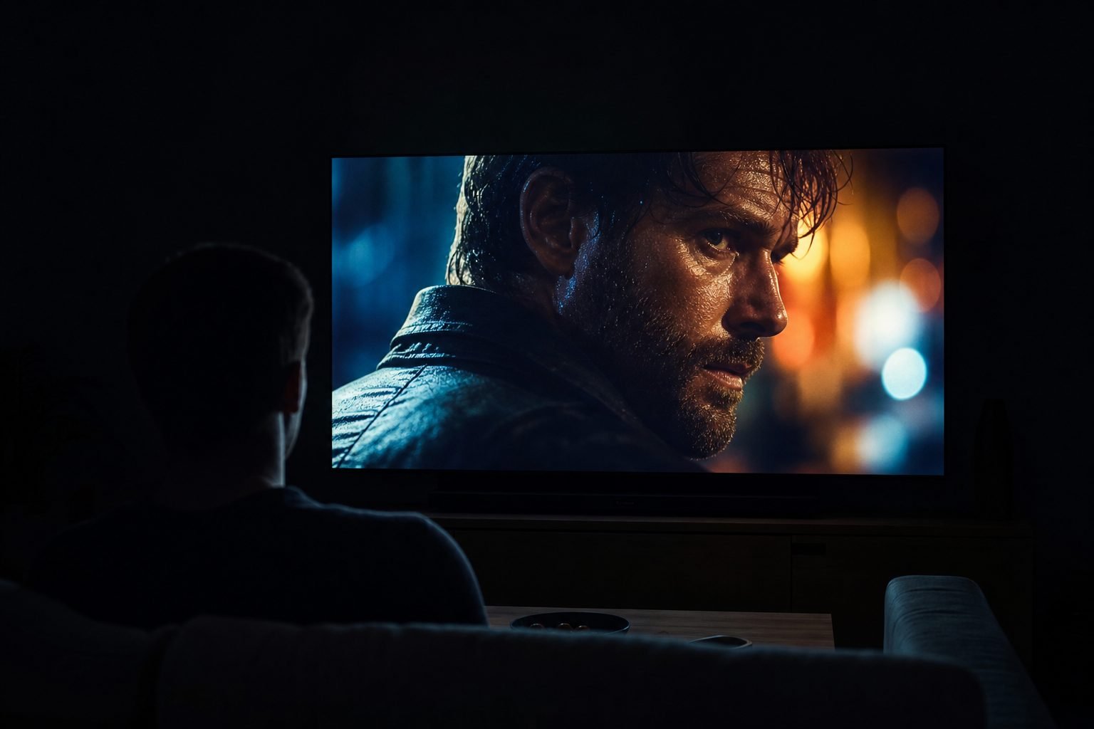 Mann schaut auf großen OLED-Fernseher in dunklem Wohnzimmer — Spiegelung im Auge